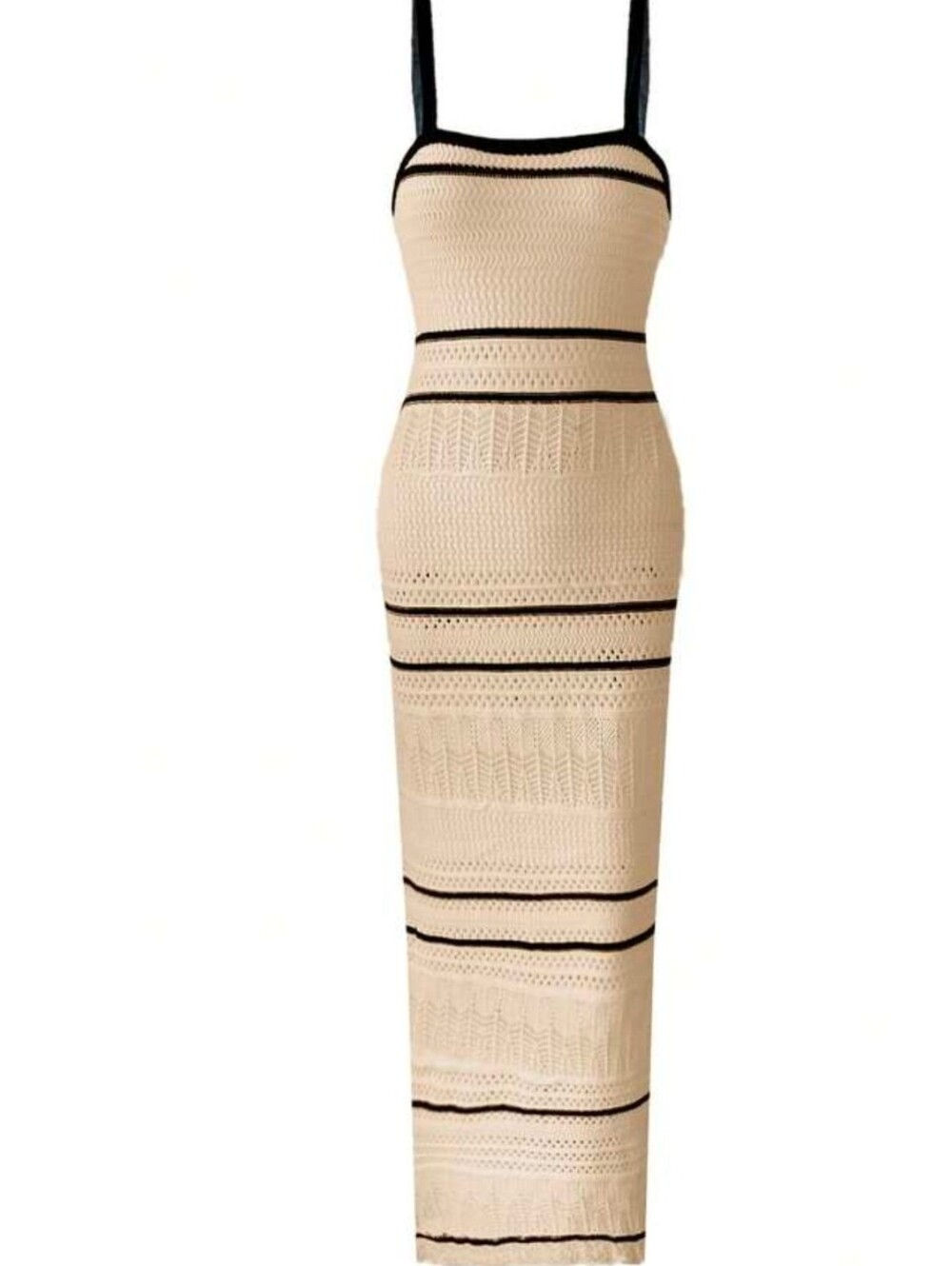 New Boho Sheer Crochet Knit Contrast Stripe Cami Maxi Dress Khaki Tan Black - Picture 5 of 10
